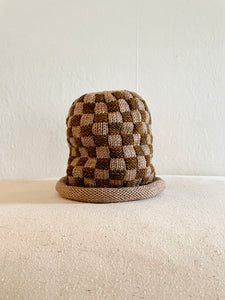 Hand Knit Wool Hat, Taupe and Rust Checkerboard