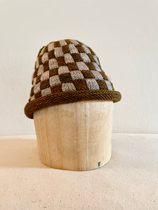 Hand Knit Wool Hat, Rust and Dove Checkerboard