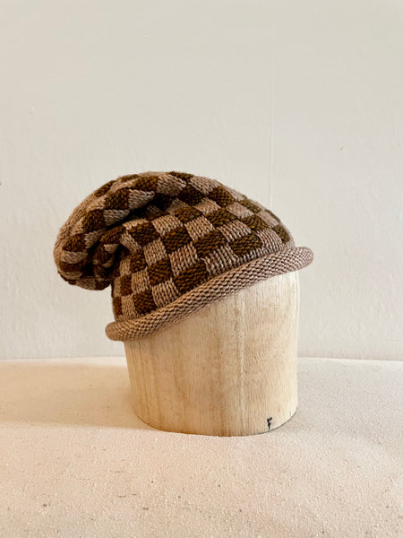 Hand Knit Wool Hat, Taupe and Rust Checkerboard