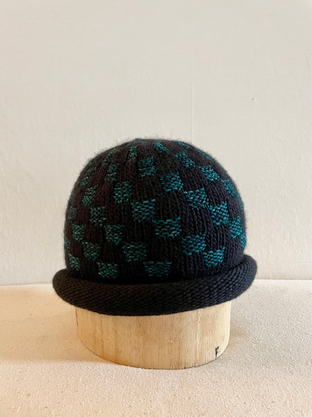 Hand Knit Wool Hat, Black and Evergreen Checkerboard