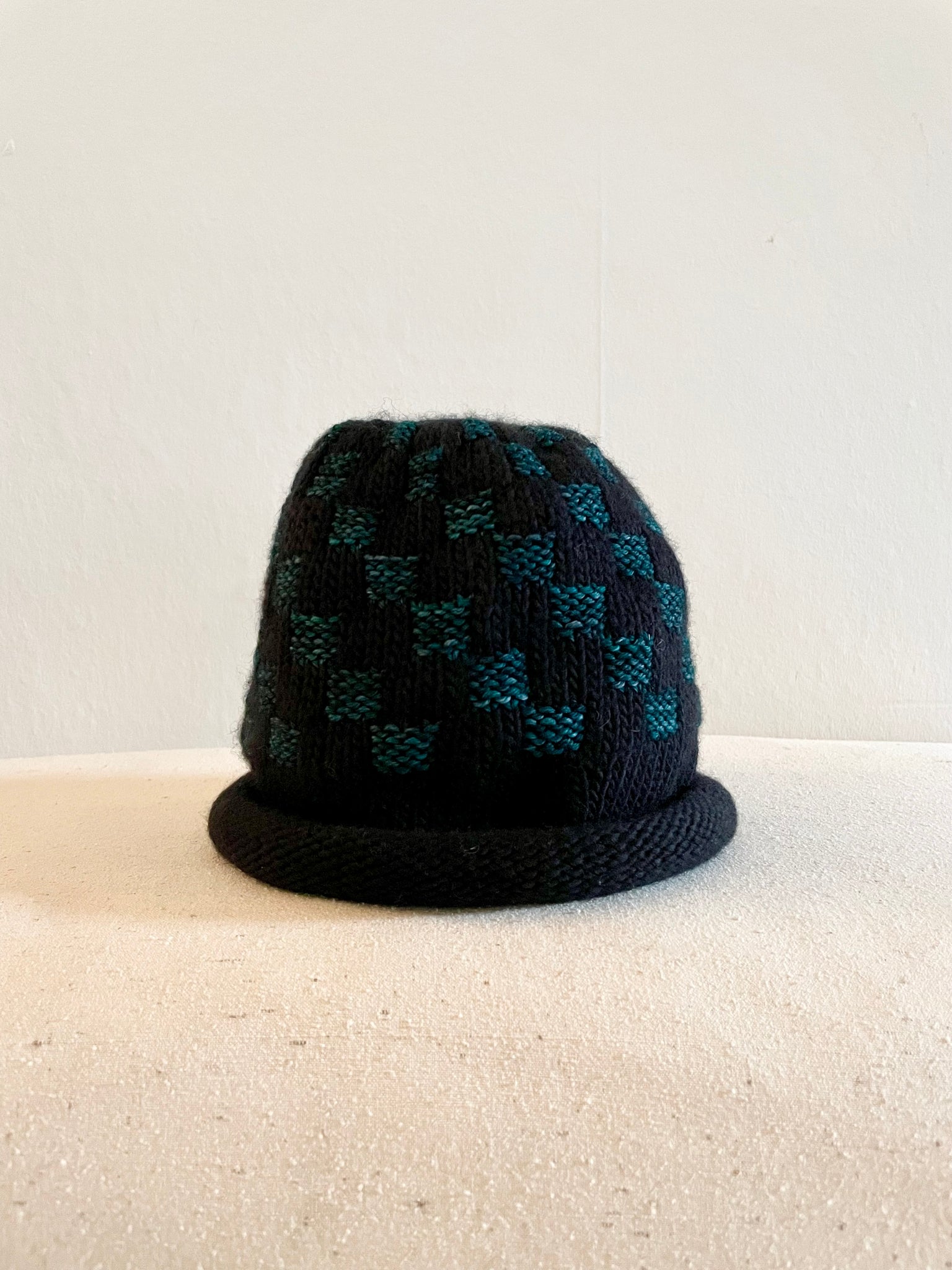 Hand Knit Wool Hat, Black and Evergreen Checkerboard