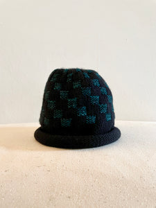 Hand Knit Wool Hat, Black and Evergreen Checkerboard