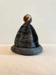 Hand Knit Wool Hat, Variegated Charcoal with Pompom