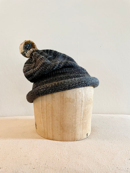 Hand Knit Wool Hat, Variegated Charcoal with Pompom