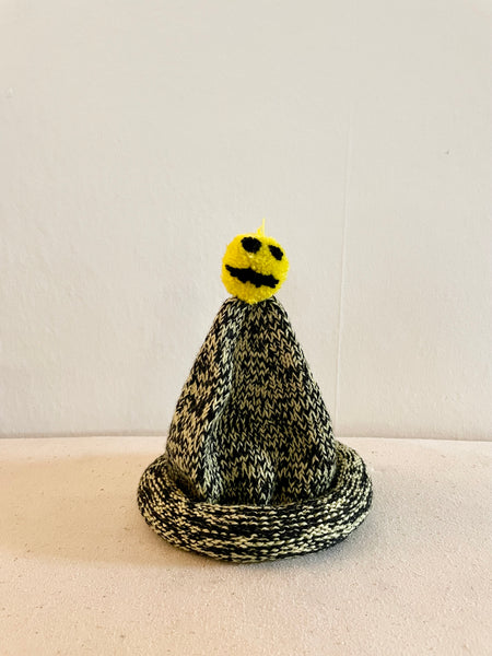 Hand Knit Wool Hat, Marled Sunshine with Smiley Pompom