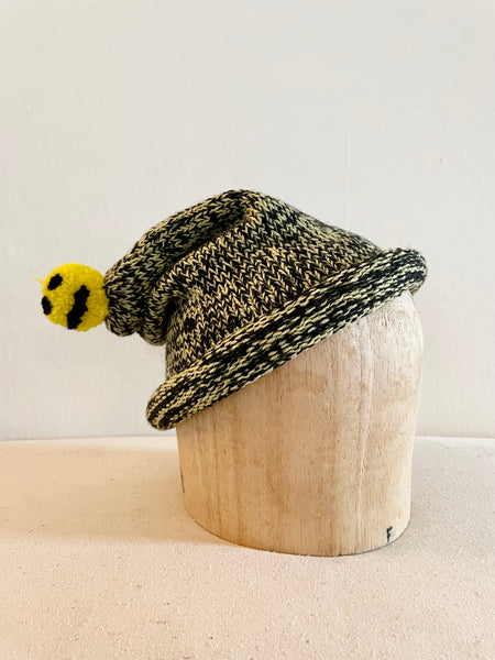Hand Knit Wool Hat, Marled Sunshine with Smiley Pompom
