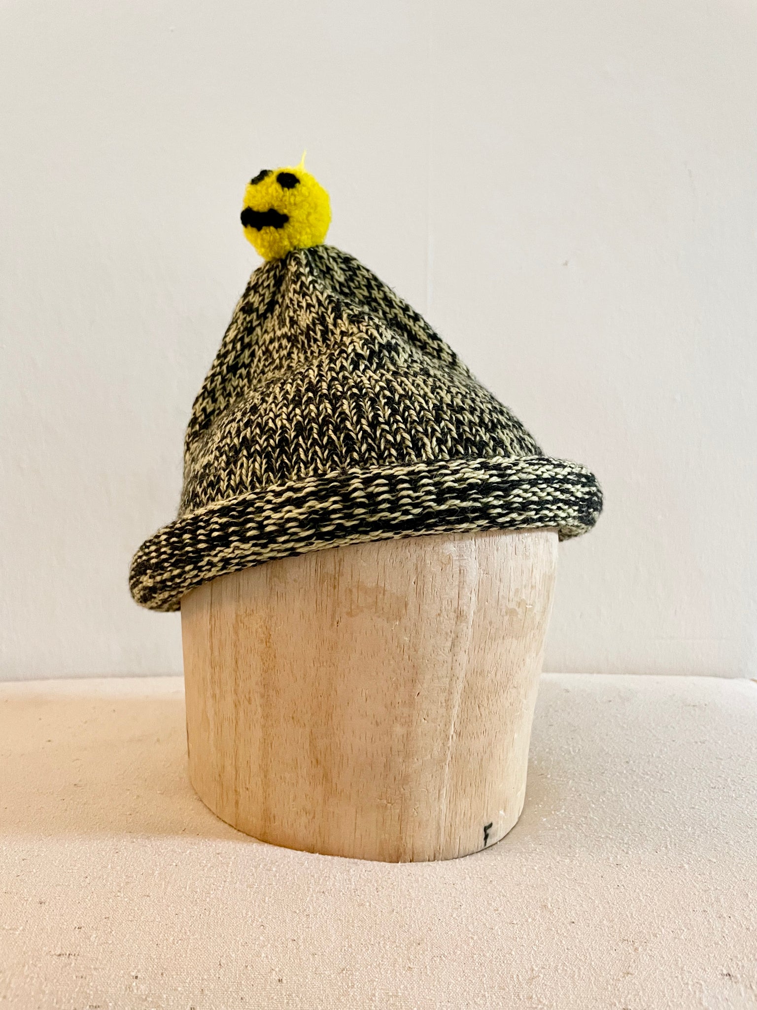 Hand Knit Wool Hat, Marled Sunshine with Smiley Pompom