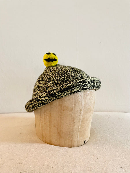 Hand Knit Wool Hat, Marled Sunshine with Smiley Pompom