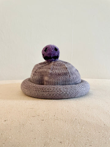 Hand Knit Wool Hat, Lavender, Smiley Pompom