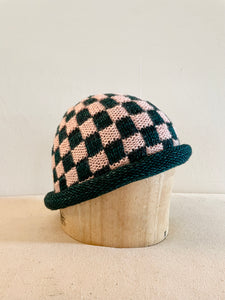 Hand Knit Wool Hat, Cherry Blossom and Evergreen Checkerboard
